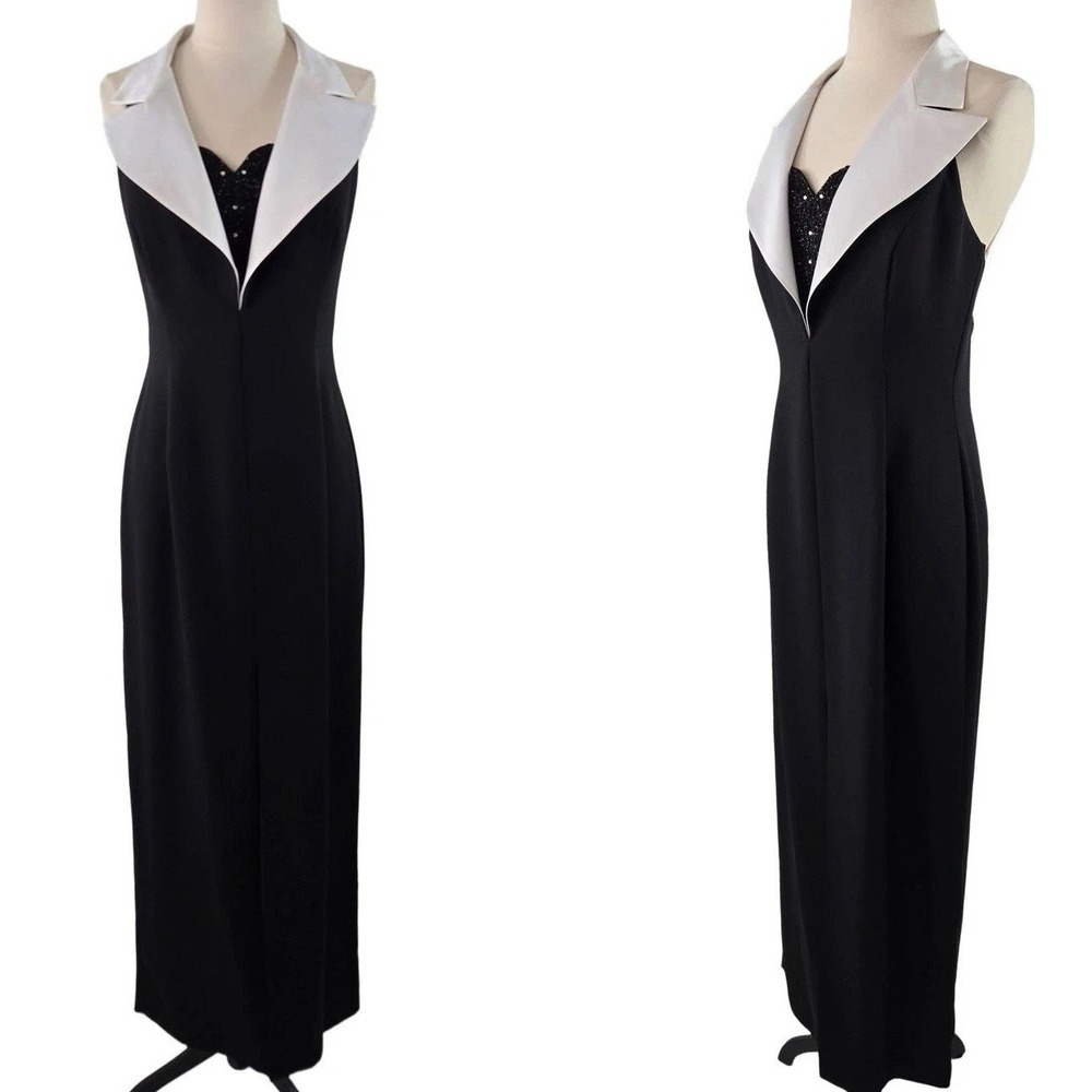 Ever Beauty Tuxedo Gown Women 8 Black White Vintage Beaded Halter Maxi Dress